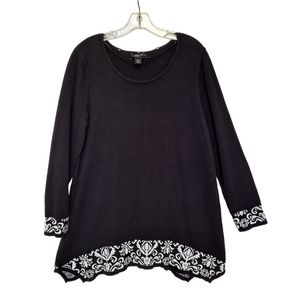 Style & Co. Women's Black White Floral Trim Asymmetrical Hem Sweater Cotton szL